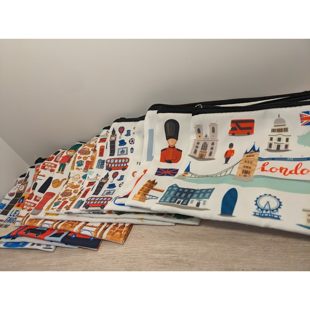London Souvenir Canvas Zipper Pouch Set Travel Makeup Bag Big Ben Red Bus 10pc